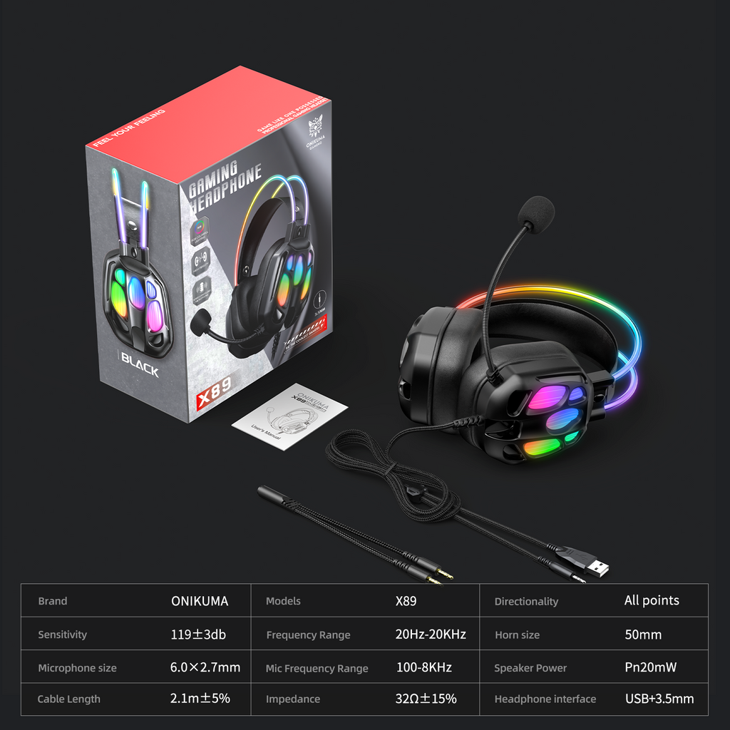 ONIKUMA X89 RGB Gaming Headset - 360° Rotatable Mic, Immersive 3D